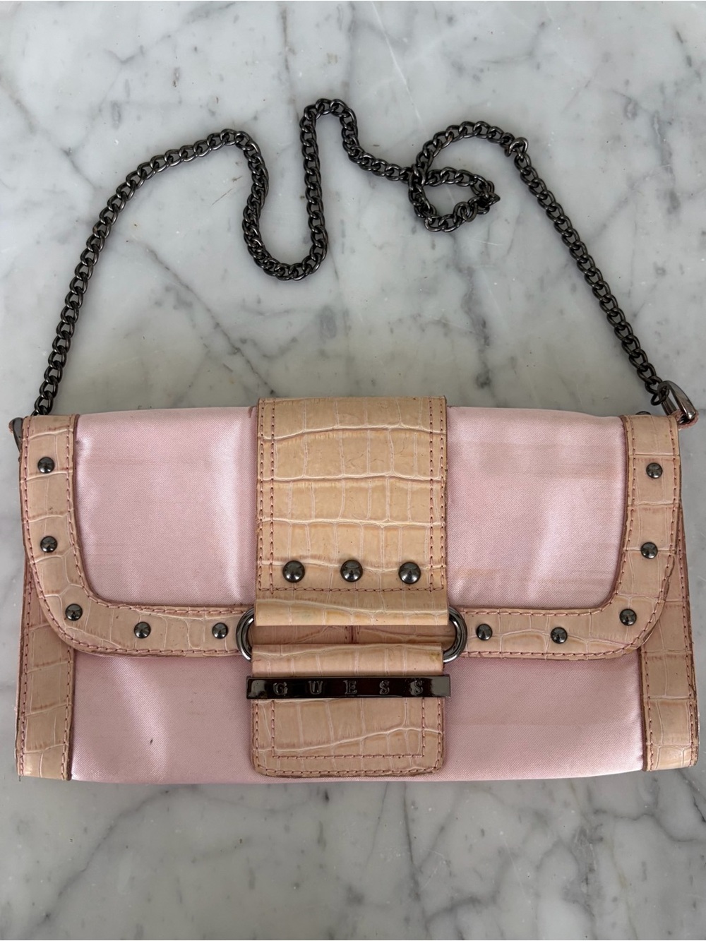 GUESS Pink Satin Crossbody with Croc-Trim and Gunmetal Chain